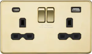 Knightsbridge SFR9940PB Screwless 13A 2G SP Switched Socket   2xUSB A C (5V DC 4.0A Shared) - Polished Brass   Black Insert