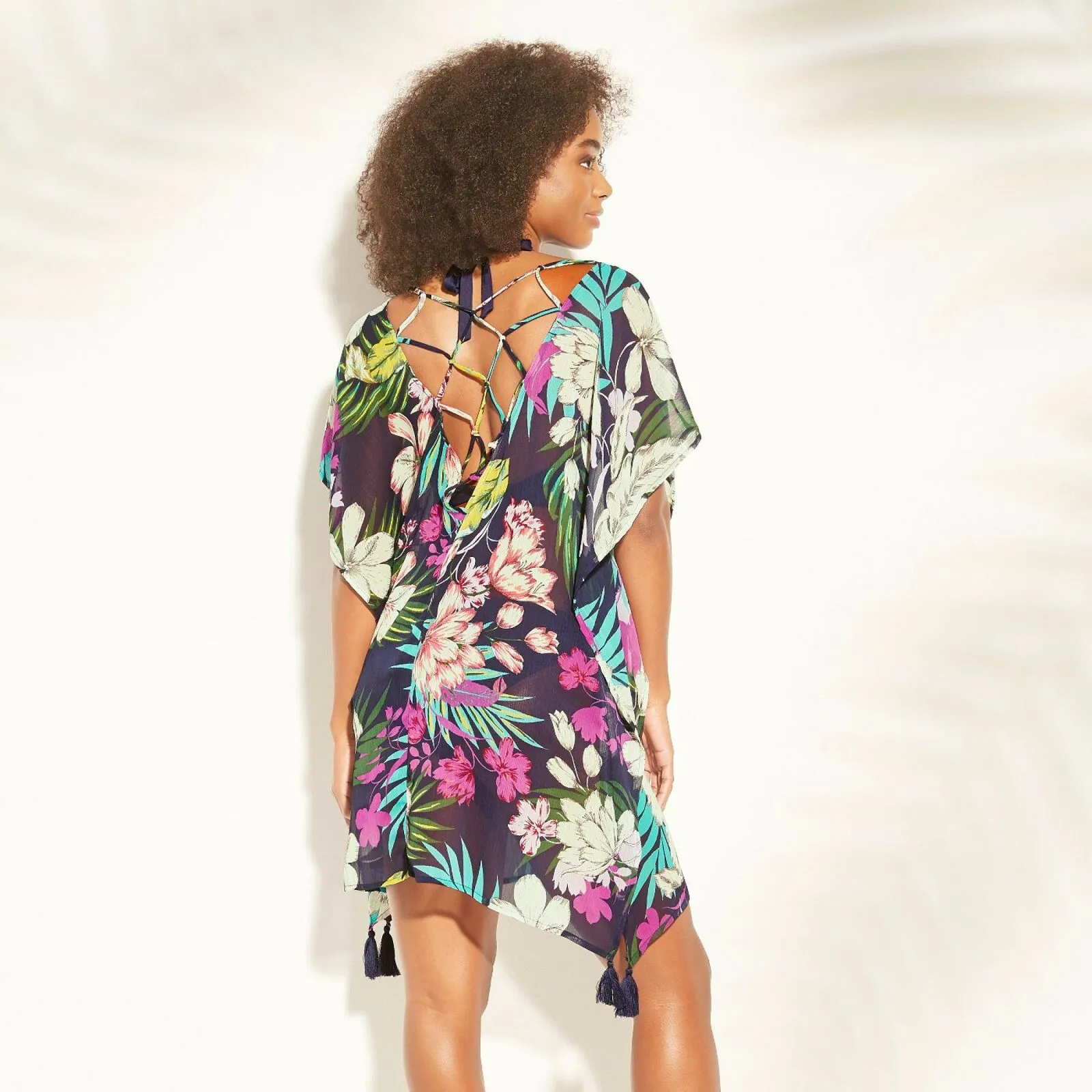 Kona Sol Women's Lattice Back Chiffon Kaftan Cover Up Dress