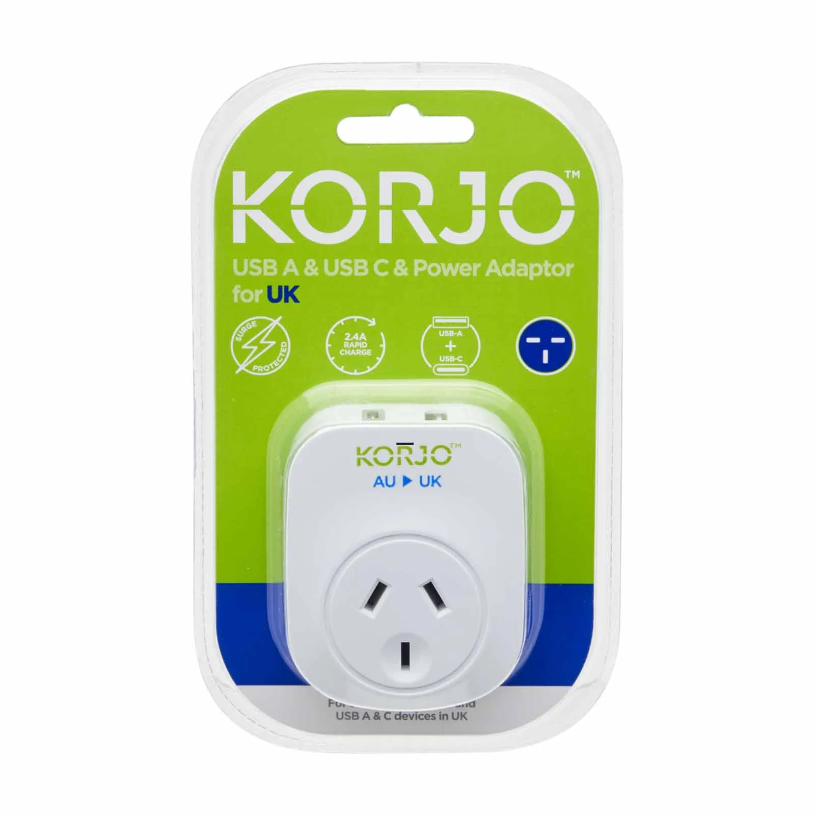 Korjo Travel Adaptor USB Port A and C Australia to UK