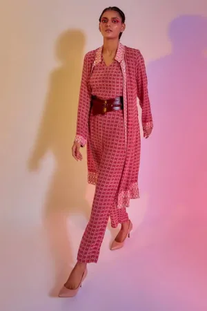 LATTICE PRINTED CAMISOLE AND PANTS TEAMED WITH AN EMBELLISHED PRINTED JACKET