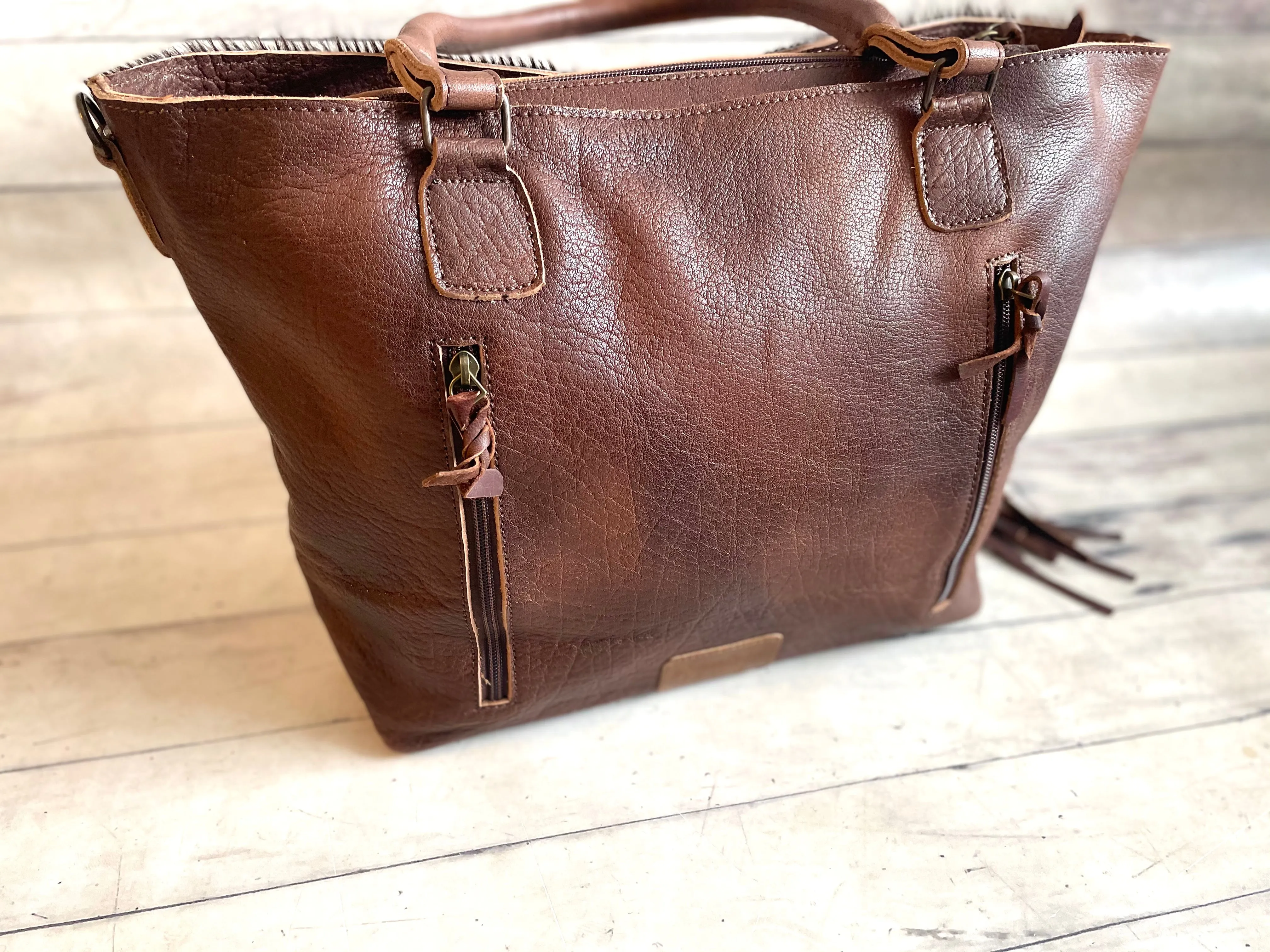 Leather Sunflower Tooled Pocket Fringe Tote