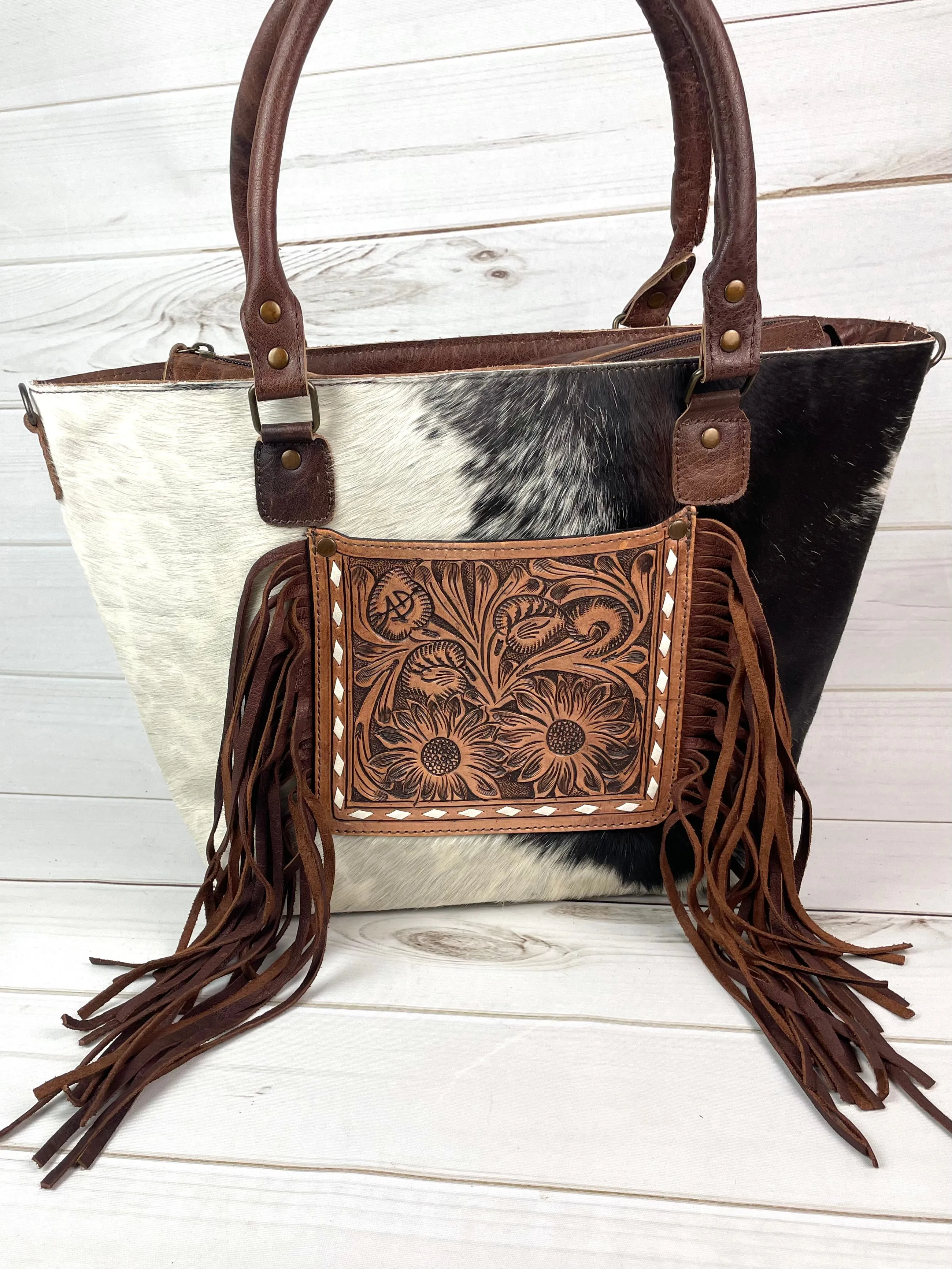 Leather Sunflower Tooled Pocket Fringe Tote