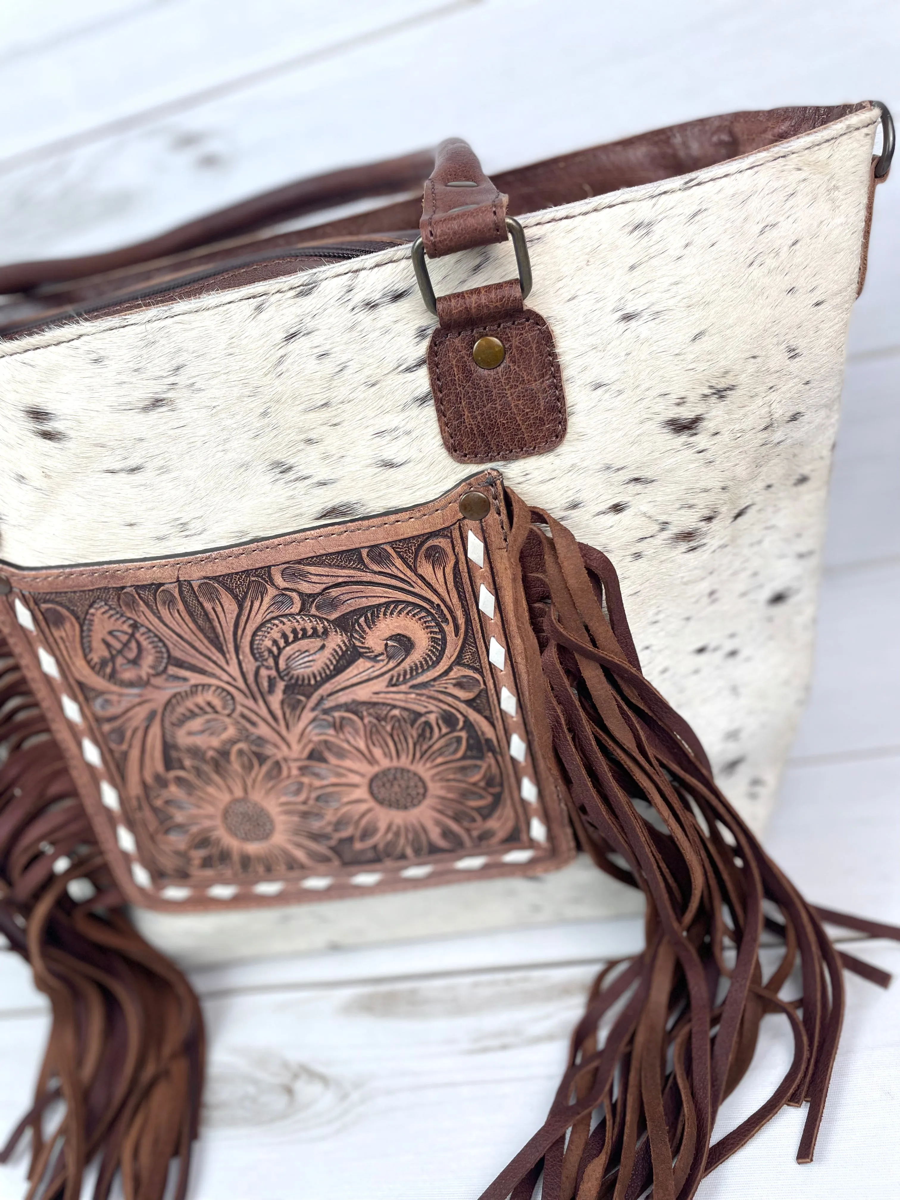 Leather Sunflower Tooled Pocket Fringe Tote