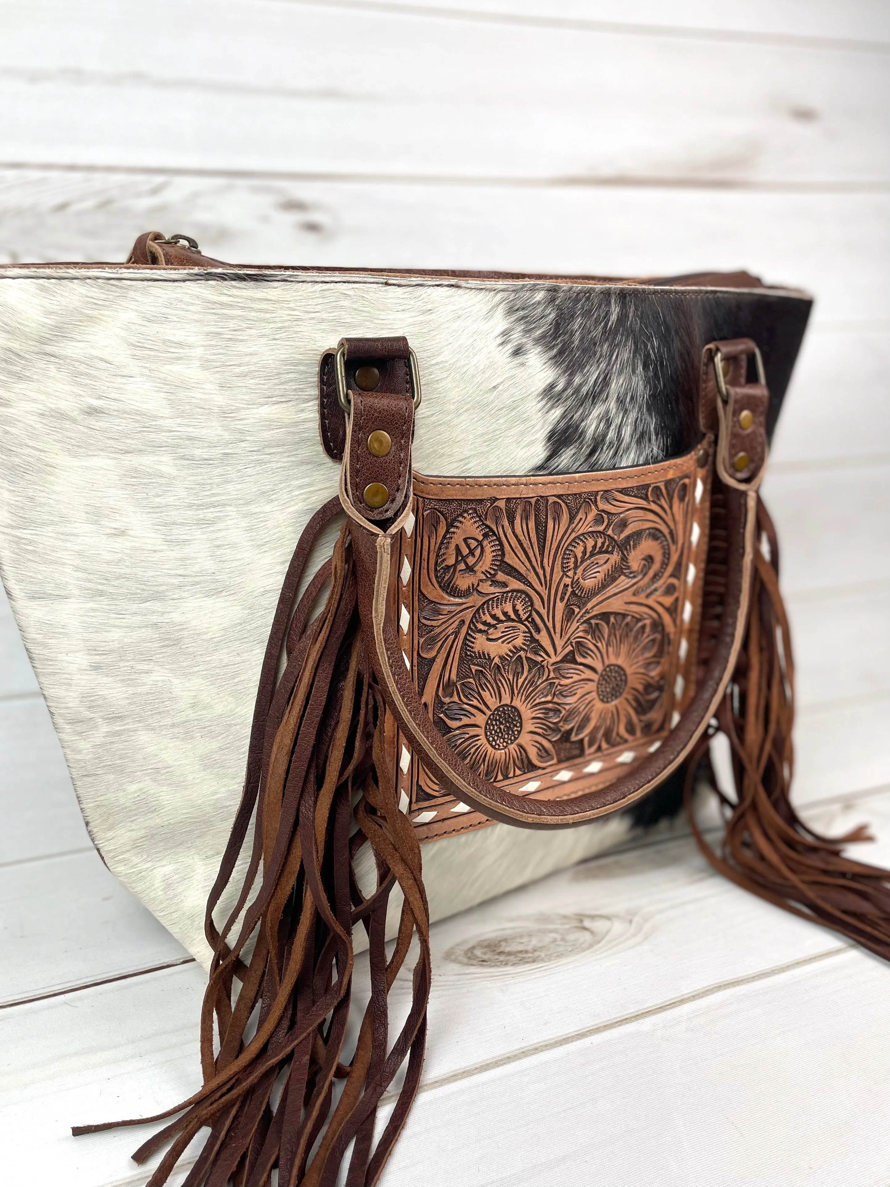 Leather Sunflower Tooled Pocket Fringe Tote