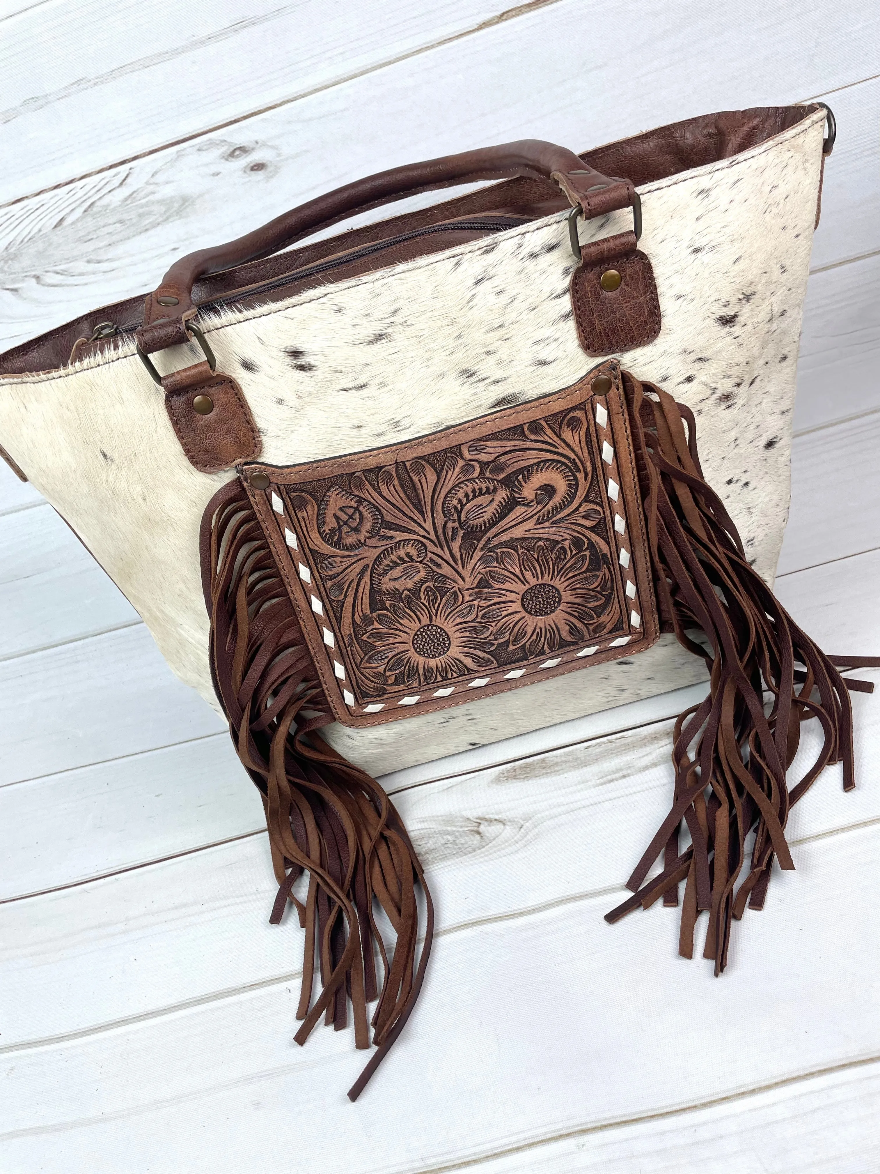 Leather Sunflower Tooled Pocket Fringe Tote