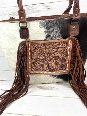 Leather Sunflower Tooled Pocket Fringe Tote
