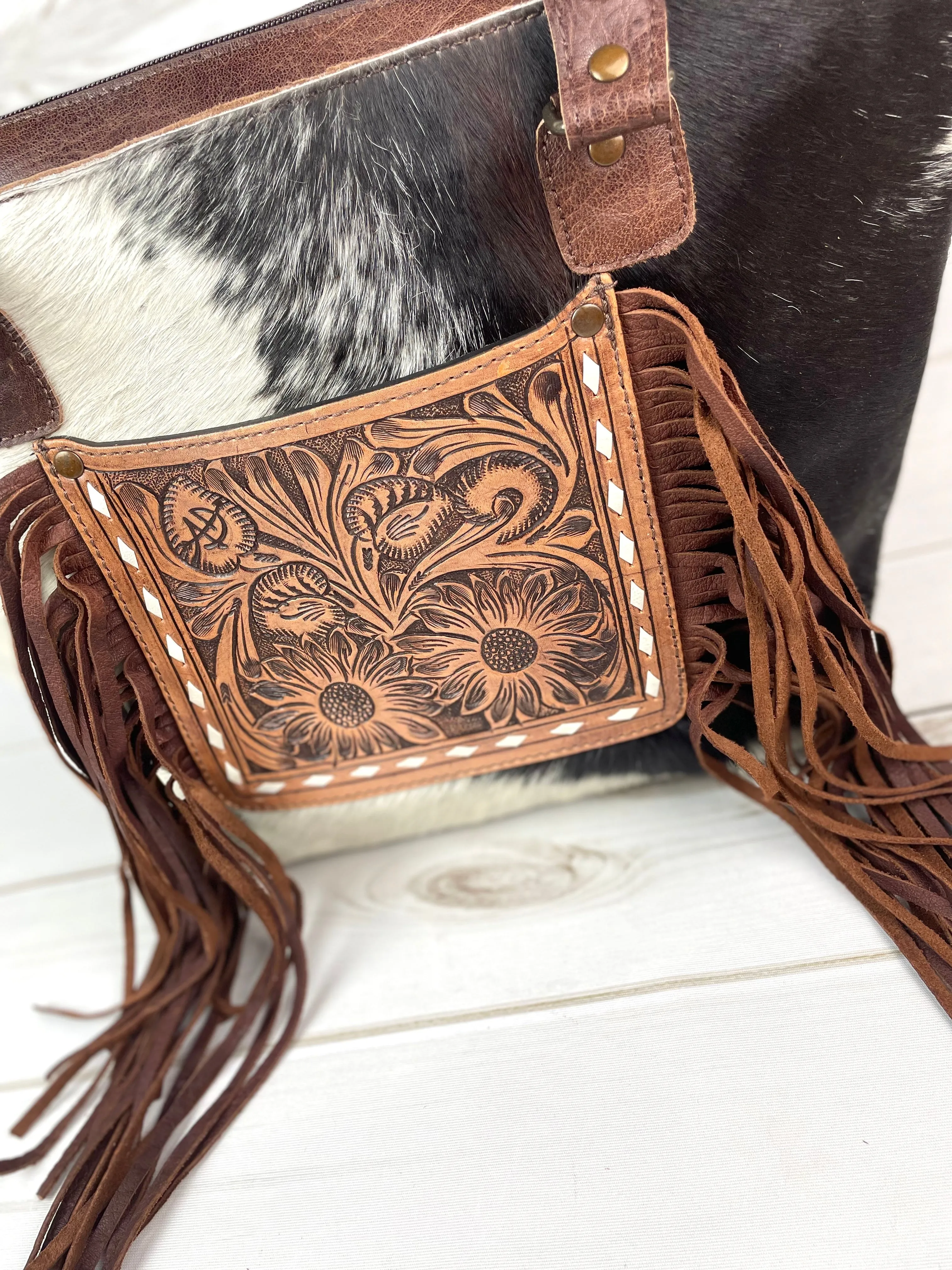 Leather Sunflower Tooled Pocket Fringe Tote