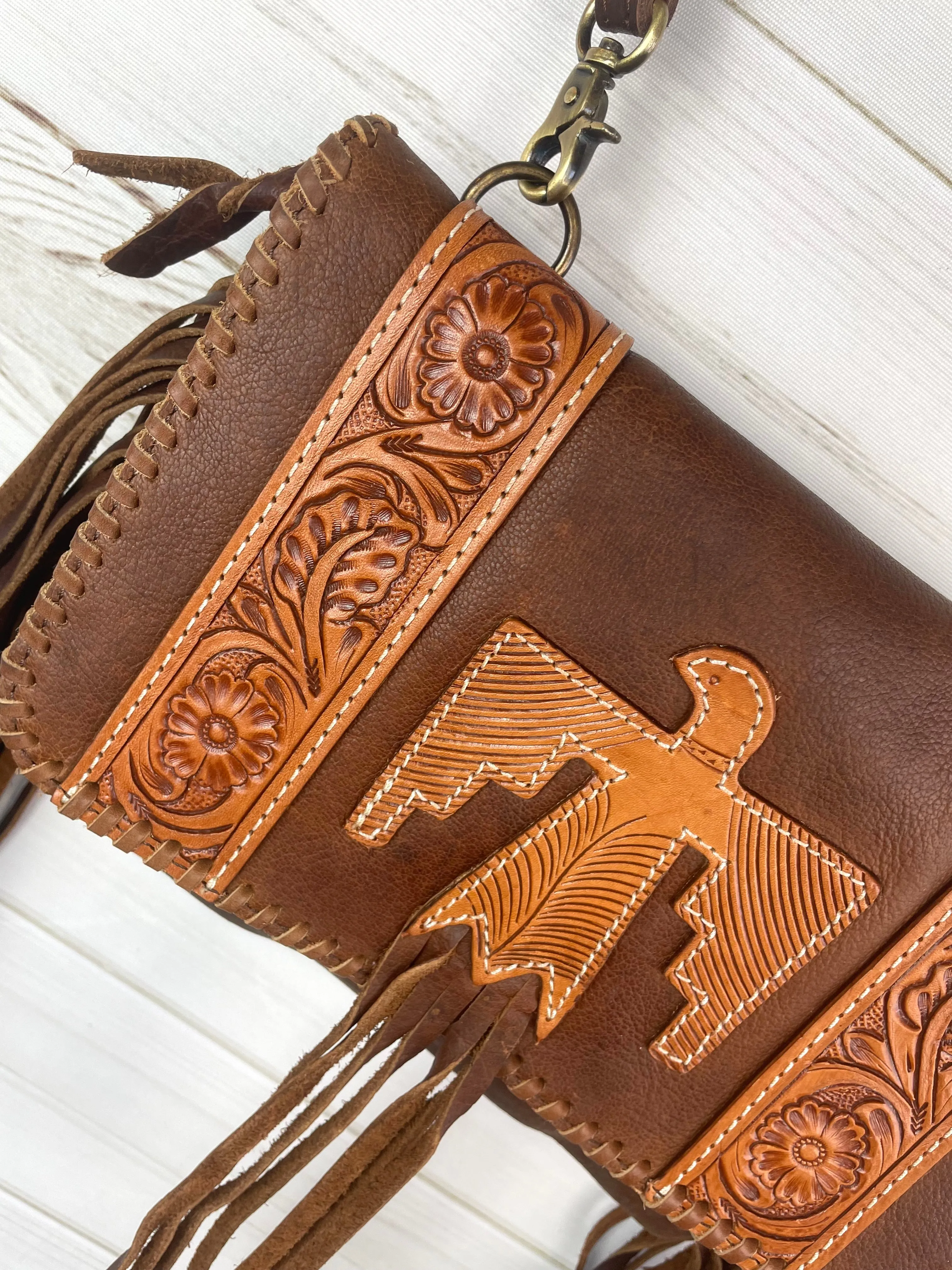 Leather Tooled & Cutout Firebird Crossbody Purse