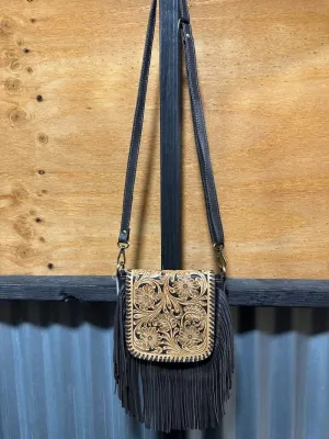 Leather Tooled Sling Handbag with Fringes (TLB14)