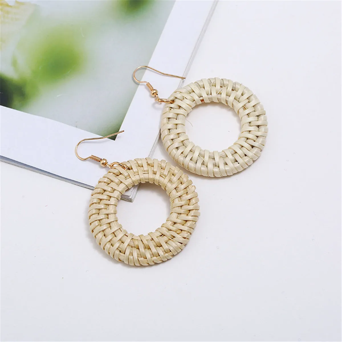 Light Wood & Rattan Open Circle Drop Earrings