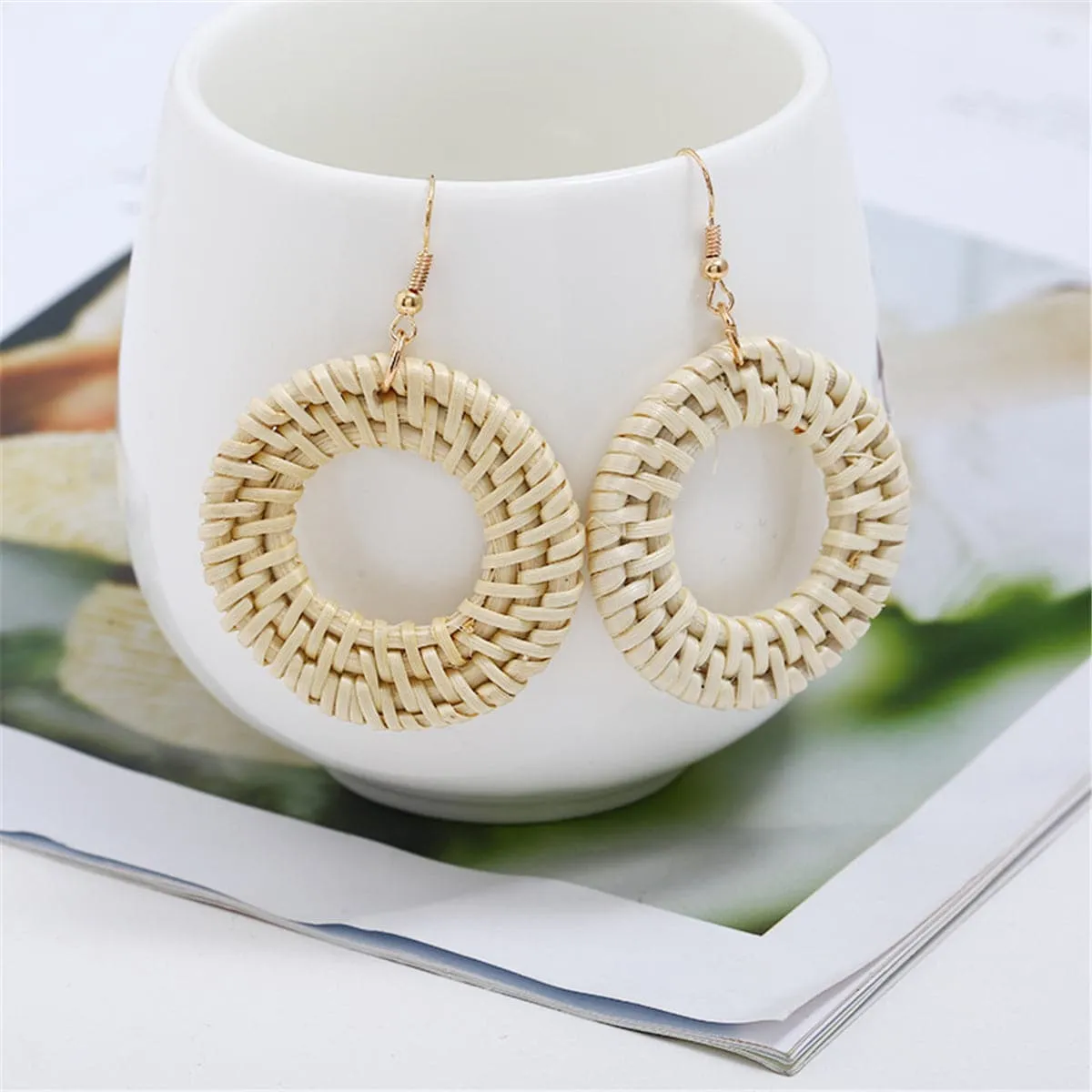 Light Wood & Rattan Open Circle Drop Earrings