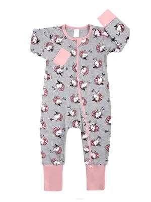 Little Miss Unicorn Baby Zip Sleepsuit with Hand & Feet Cuffs - Pink and Grey