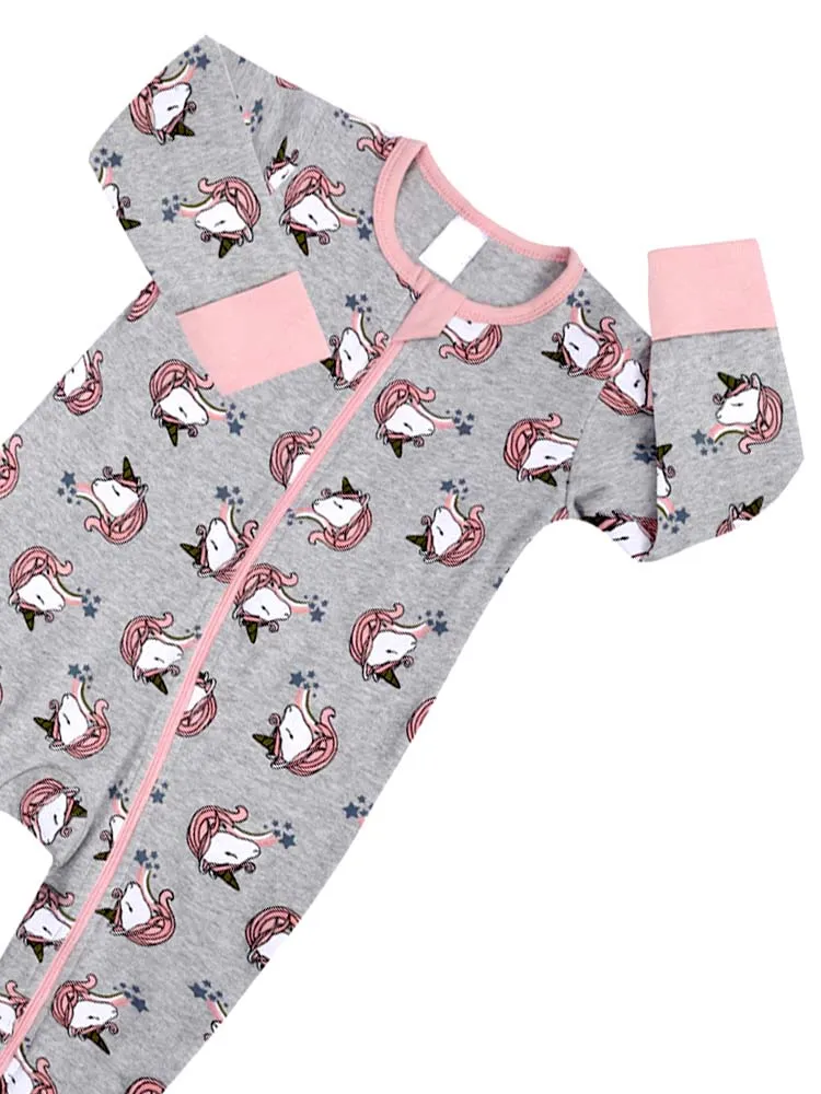 Little Miss Unicorn Baby Zip Sleepsuit with Hand & Feet Cuffs - Pink and Grey