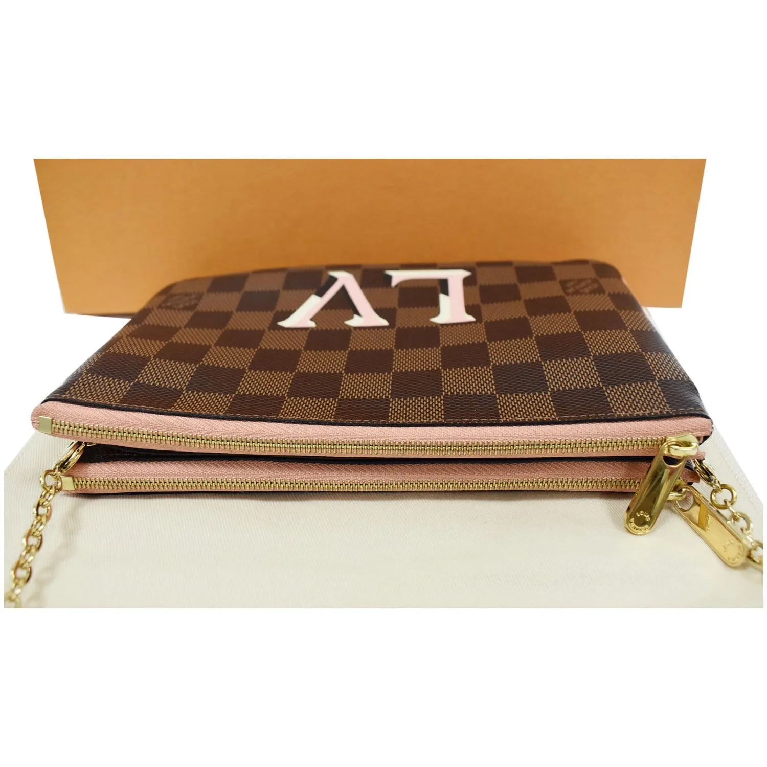 LOUIS VUITTON Double Zip Pochette Damier Ebene Crossbody Bag Brown