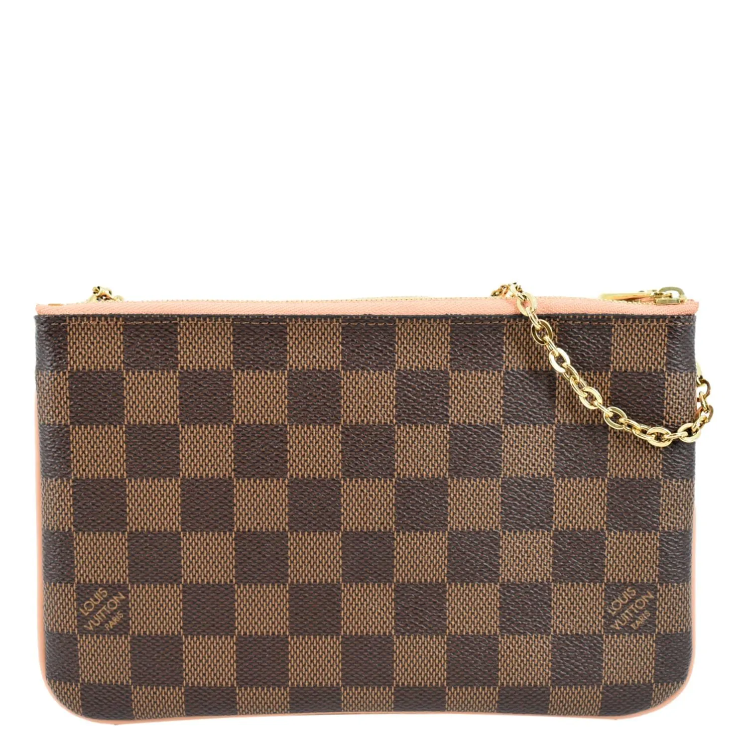 LOUIS VUITTON Double Zip Pochette Damier Ebene Crossbody Bag Rose Ballerine
