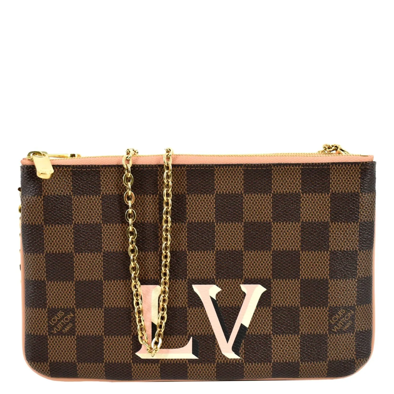 LOUIS VUITTON Double Zip Pochette Damier Ebene Crossbody Bag Rose Ballerine