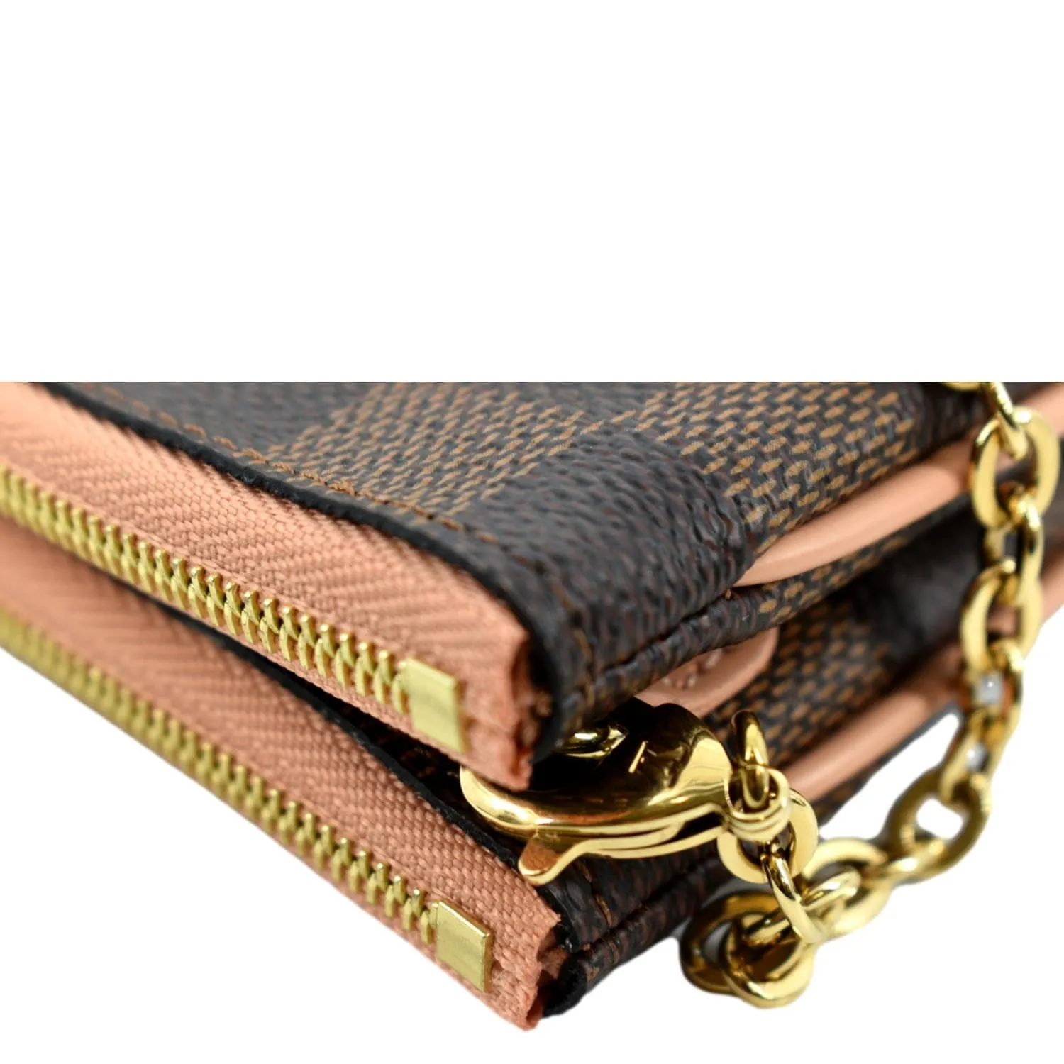LOUIS VUITTON Double Zip Pochette Damier Ebene Crossbody Bag Rose Ballerine