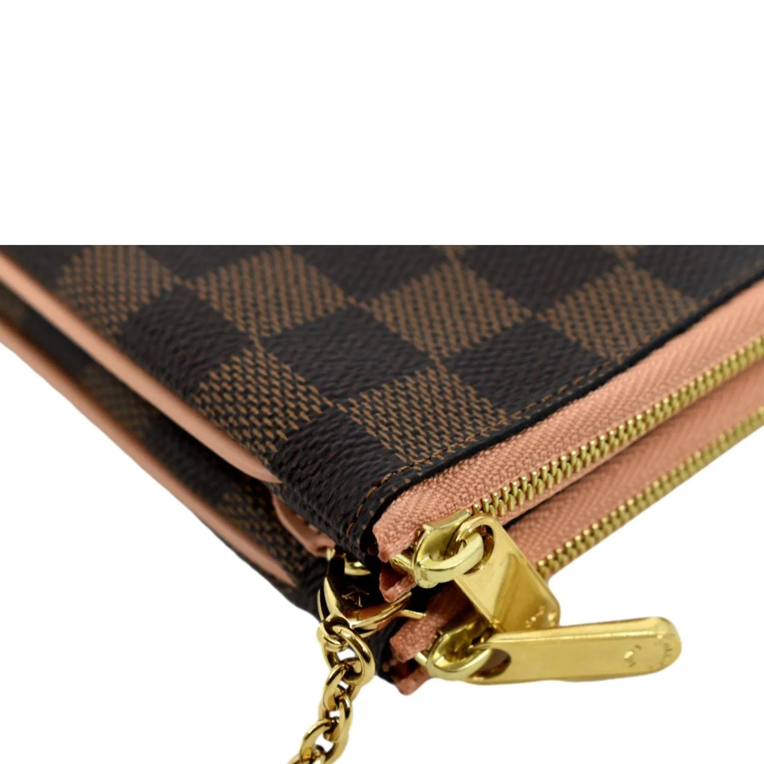 LOUIS VUITTON Double Zip Pochette Damier Ebene Crossbody Bag Rose Ballerine