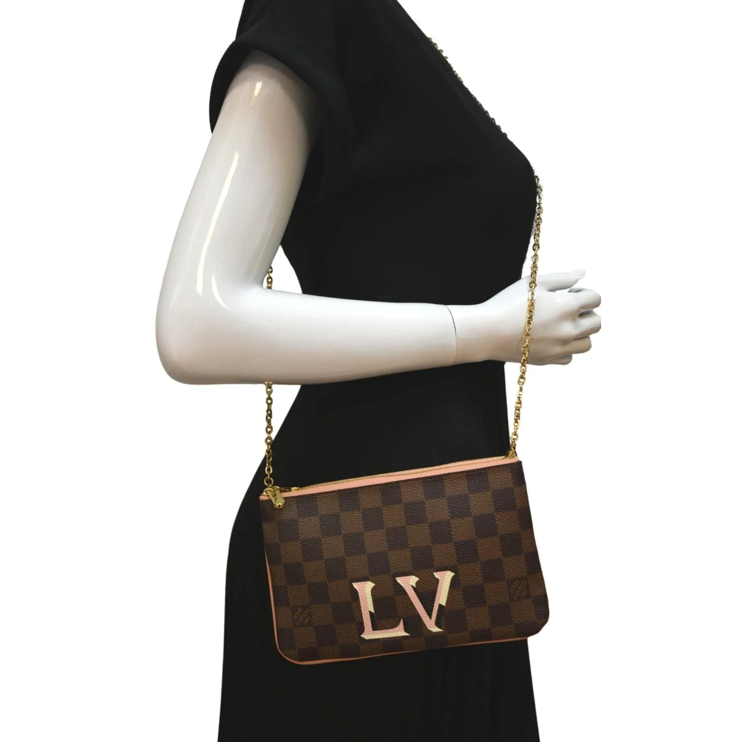 LOUIS VUITTON Double Zip Pochette Damier Ebene Crossbody Bag Rose Ballerine