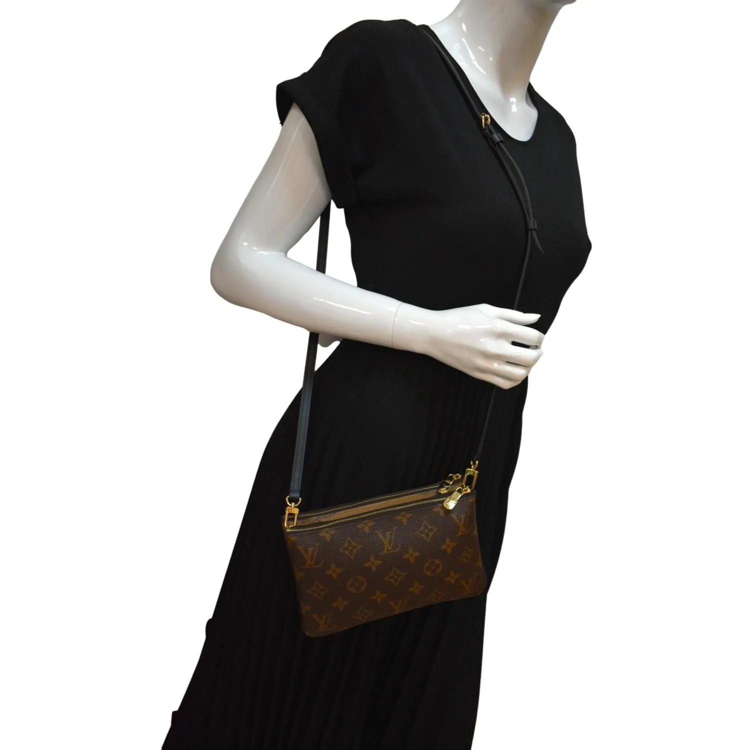 LOUIS VUITTON Double Zip Pochette Reverse Monogram Giant Crossbody Bag Brown