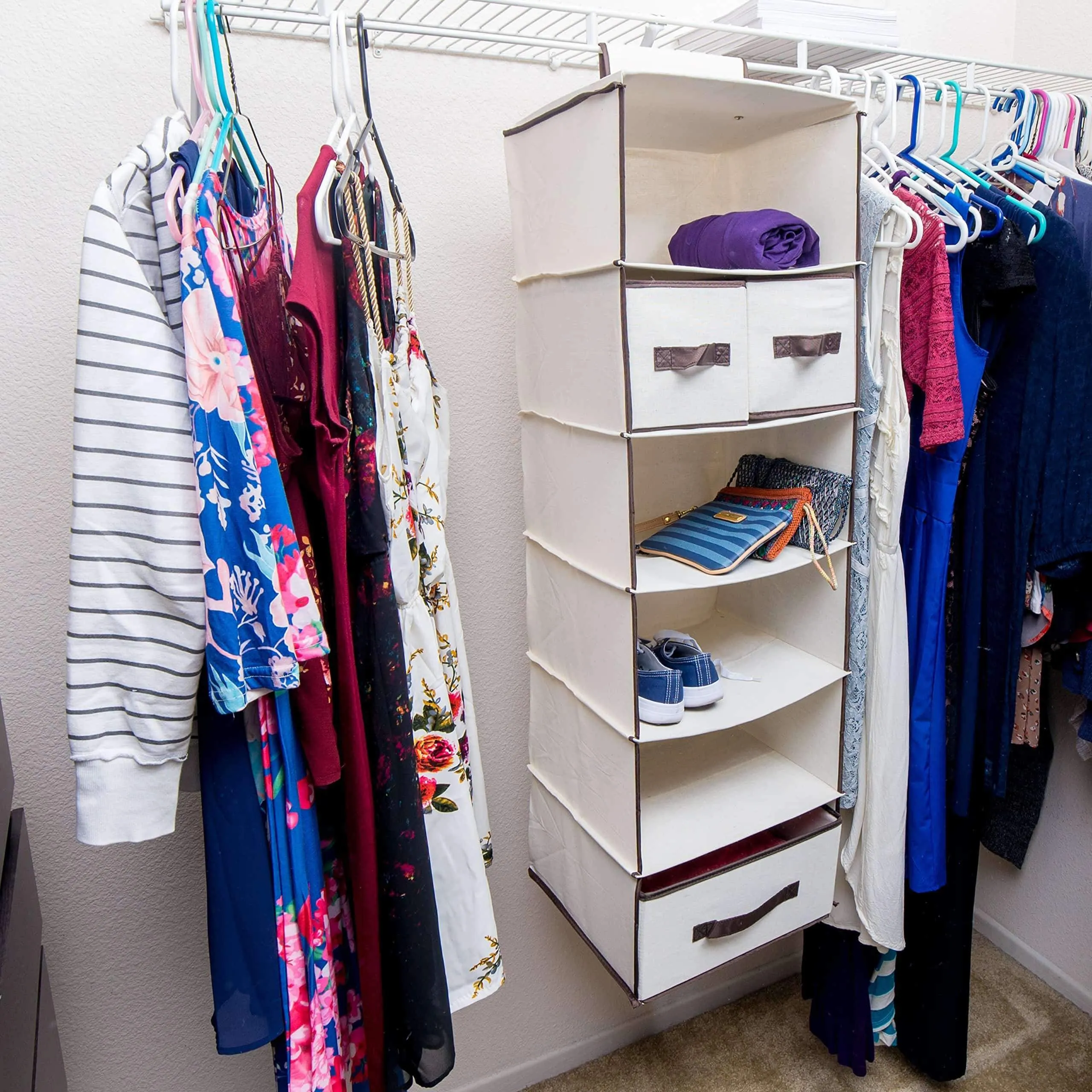 Lovotex 6 Shelf Hanging Closet Organizer with 3 Large and 2 Small Drawers - Practical Wardrobe Shelving with Durable High Capacity Design - Collapsible Storage for Clothes, Underwear, Sock and Towels