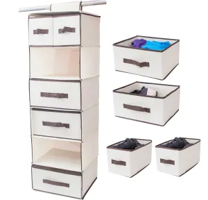Lovotex 6 Shelf Hanging Closet Organizer with 3 Large and 2 Small Drawers - Practical Wardrobe Shelving with Durable High Capacity Design - Collapsible Storage for Clothes, Underwear, Sock and Towels