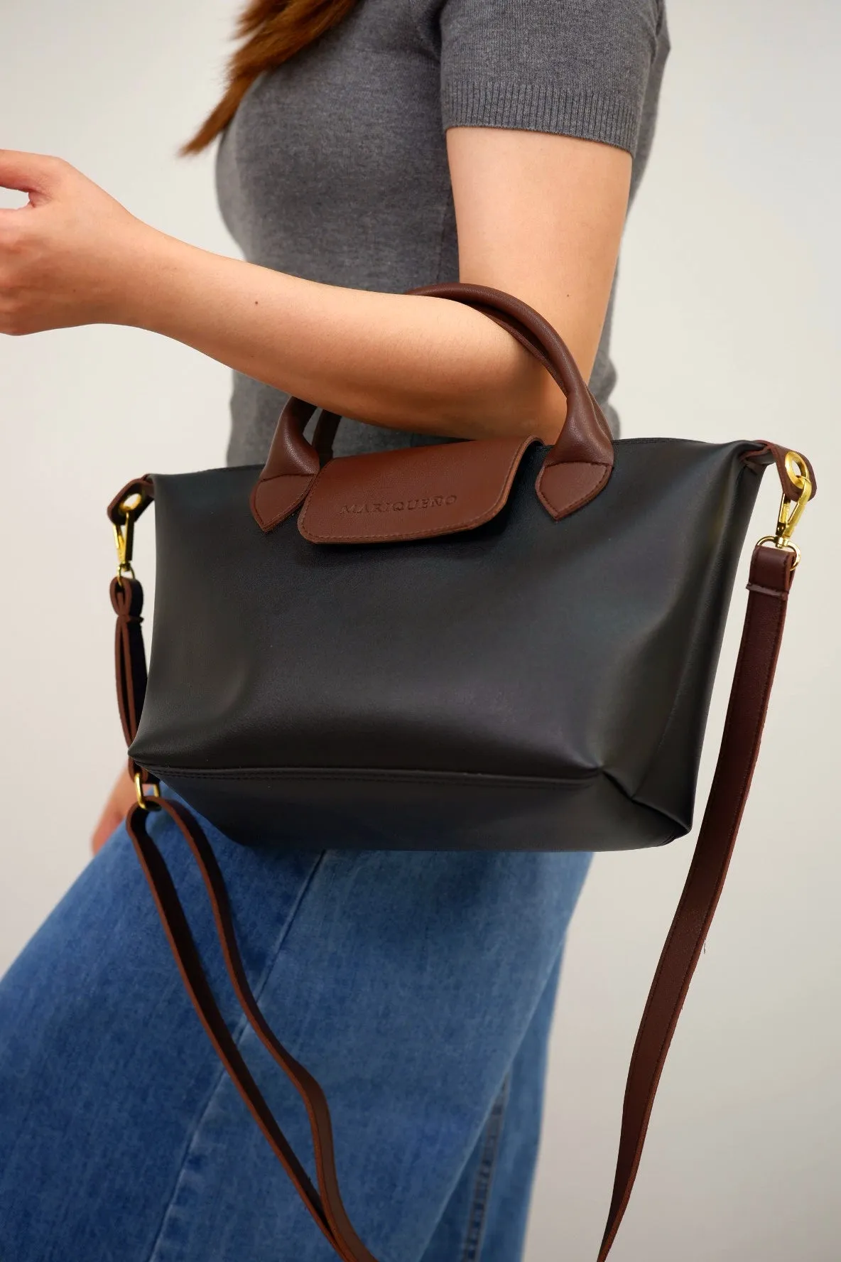 MARTHA Leather Tote Top Handle Sling Bag in Black
