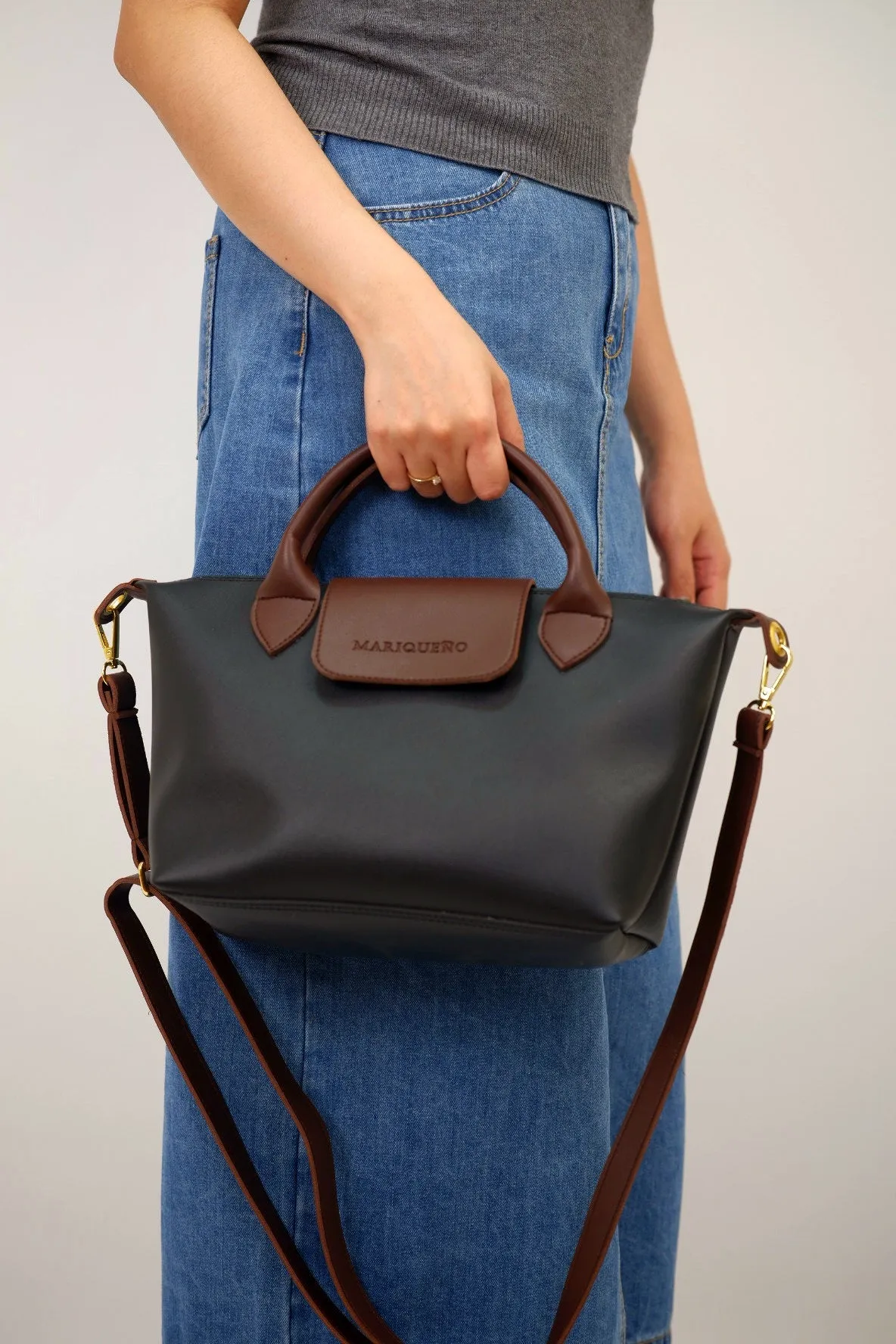 MARTHA Leather Tote Top Handle Sling Bag in Black
