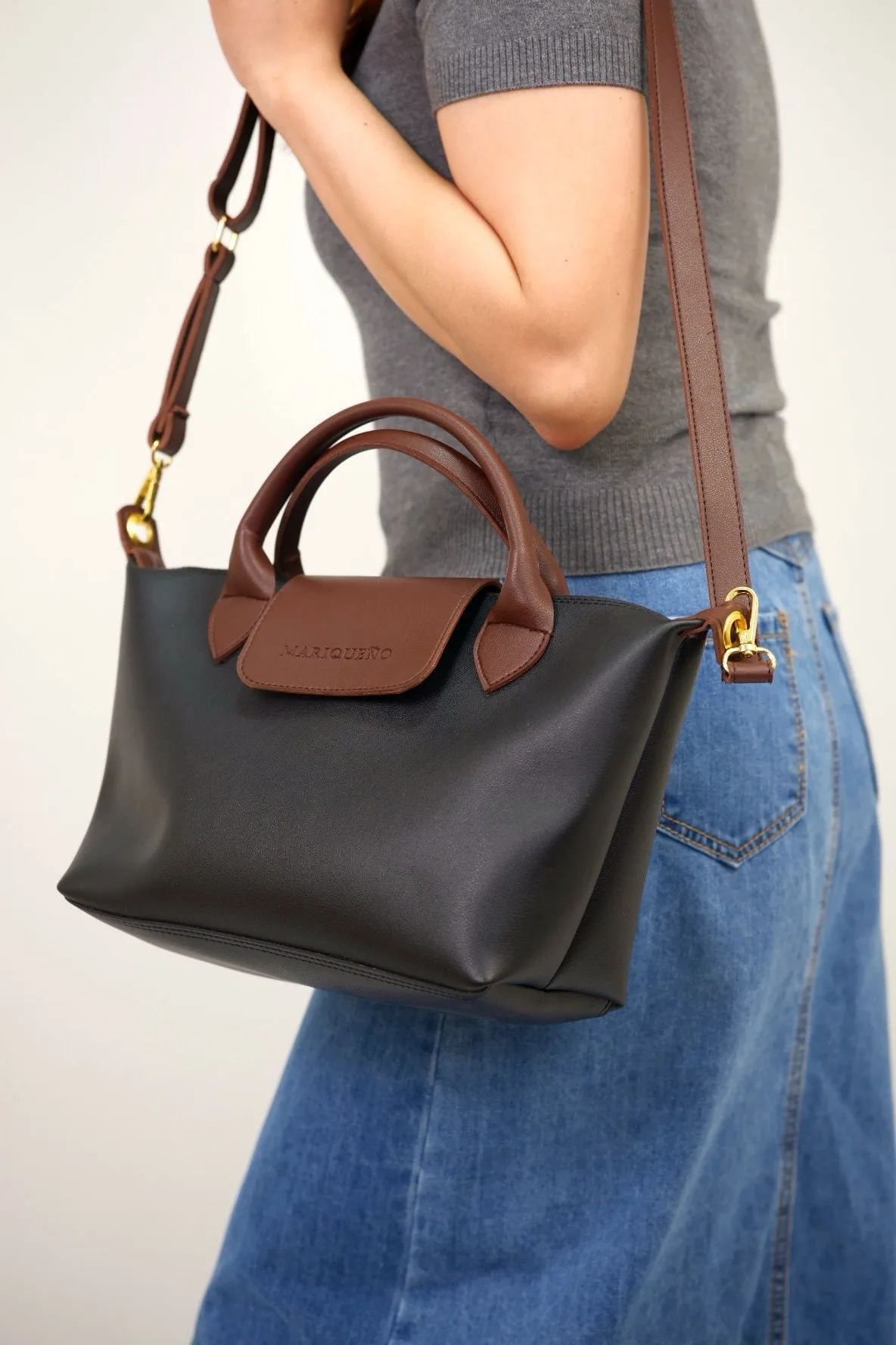 MARTHA Leather Tote Top Handle Sling Bag in Black