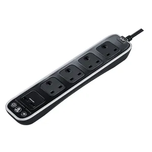 Masterplug SRGLSU42PB 4 Socket 2m 13A   2xUSB Switched Surge Extension Lead Gloss Black