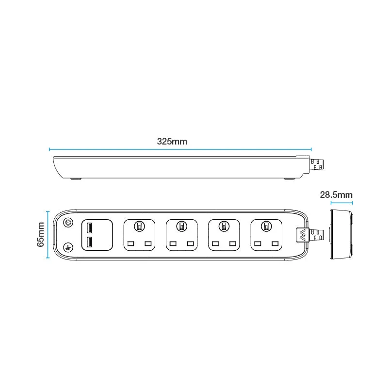 Masterplug SRGLSU42PB 4 Socket 2m 13A   2xUSB Switched Surge Extension Lead Gloss Black