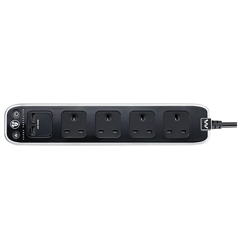 Masterplug SRGLSU42PB 4 Socket 2m 13A   2xUSB Switched Surge Extension Lead Gloss Black