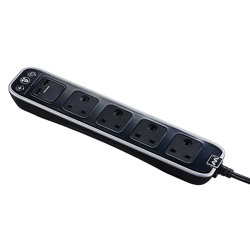 Masterplug SRGLSU42PB 4 Socket 2m 13A   2xUSB Switched Surge Extension Lead Gloss Black