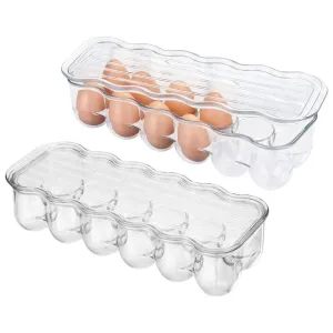 mDesign Stackable Plastic Covered Egg Tray Holder, Storage Container and Organizer for Refrigerator - Dozen-Section Carrier Bin with Lid and Handle - Holds 12 Eggs, 2 Pack - Clear