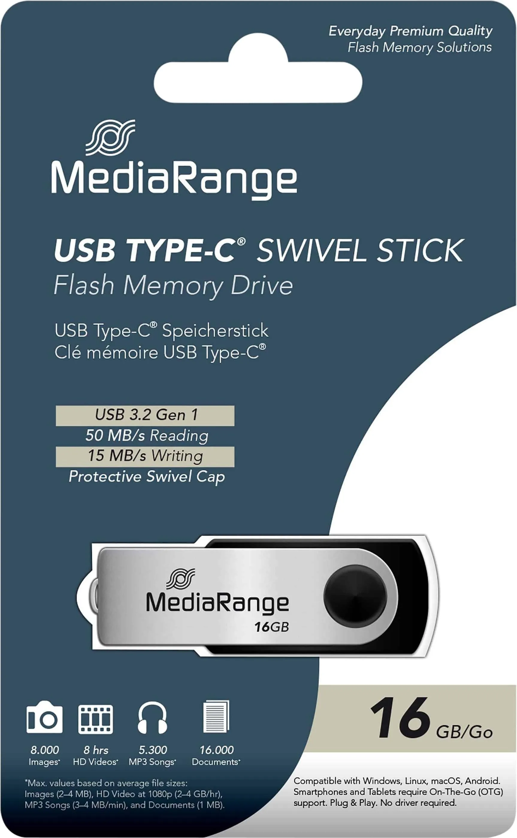 MediaRange USB 3.2 Gen 1 Type-C® Flash Memory Drive, Swivel Housing, Black/Silver