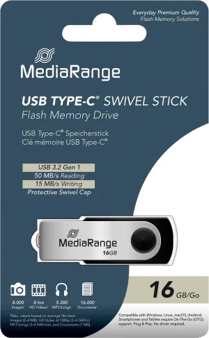 MediaRange USB 3.2 Gen 1 Type-C® Flash Memory Drive, Swivel Housing, Black/Silver