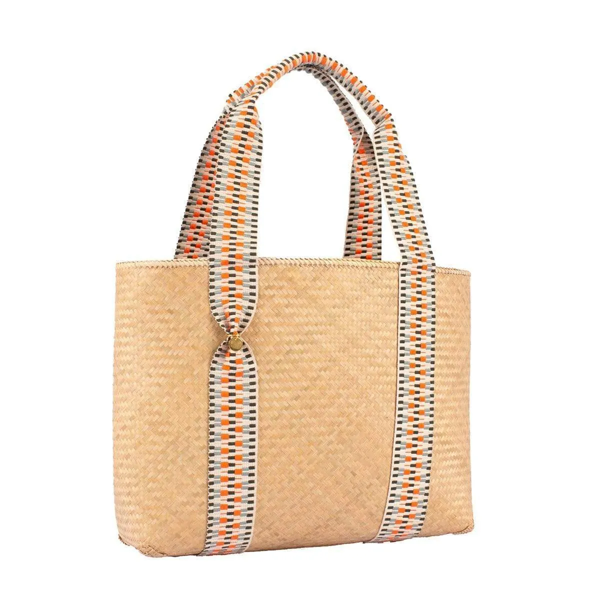 Mentawai Handwoven Bamboo Vegan Medium Tote Bag Orange Straps | Natural