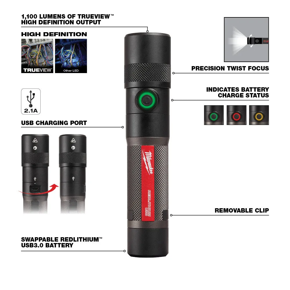 Milwaukee 2161-21 REDLITHIUM USB 1100L Twist Focus Flashlight