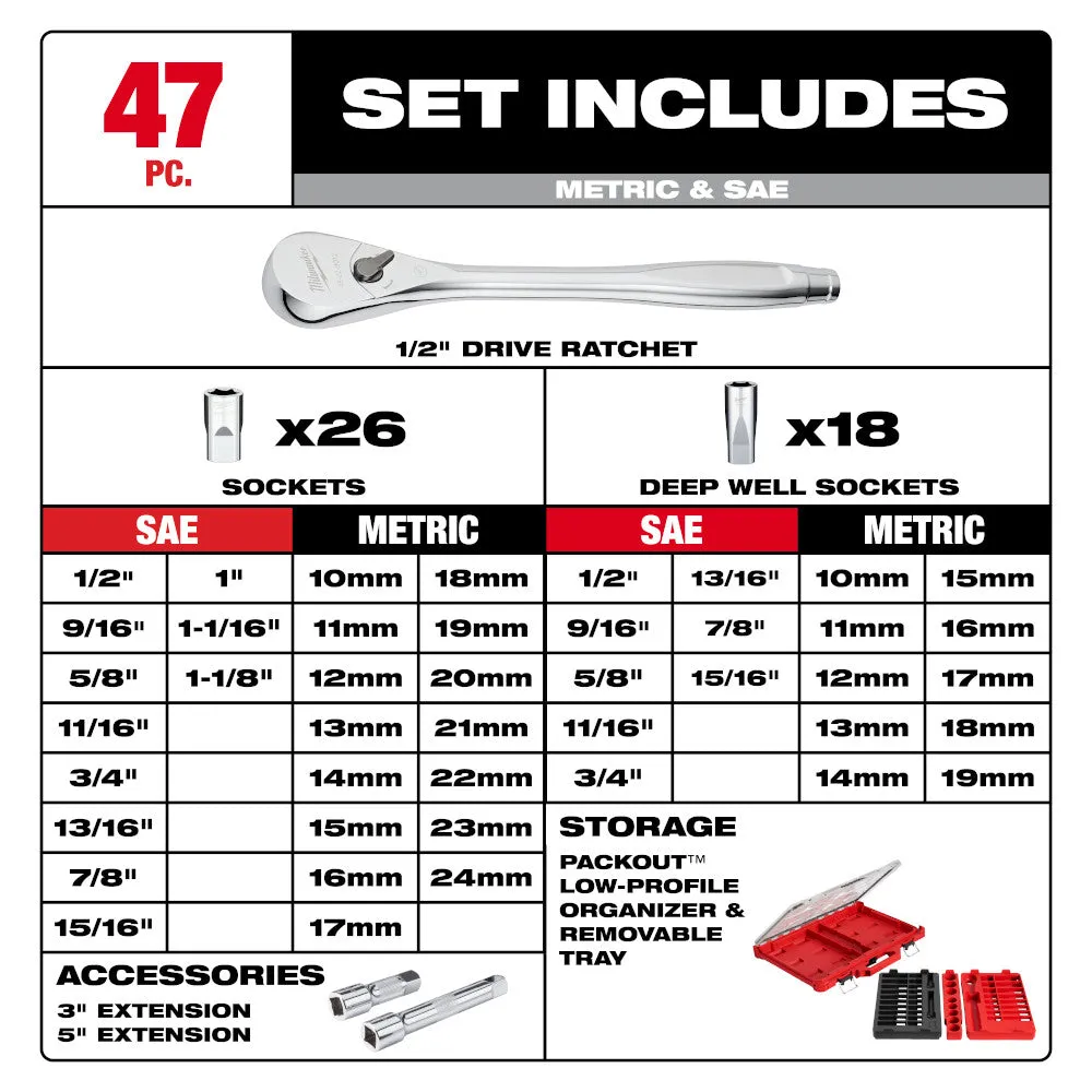 Milwaukee 48-22-9487 47pc 1/2" Drive Ratchet & Socket Set with PACKOUT Low-Profile Organizer