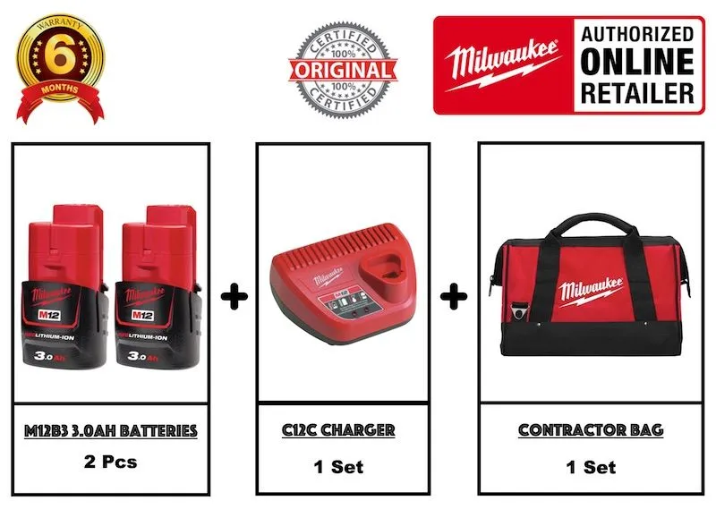 Milwaukee C12RAD-0 Cordless Right Angle Drill M12/ Right Angle Driver with 2 nos 3.0AH 12V Battery, 1 no 12V Charger and 1 Contractor Bag