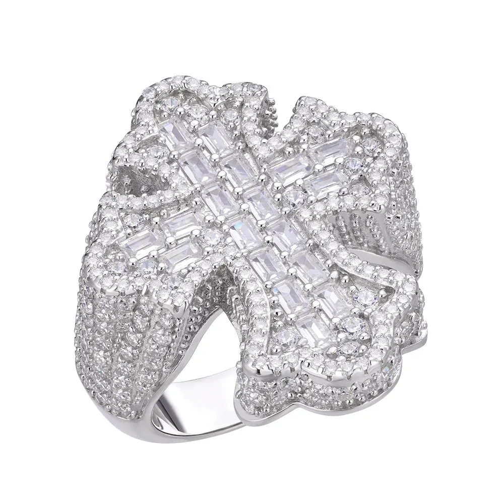 Moissanite Cross Ring Mens Baguette 925 Silver