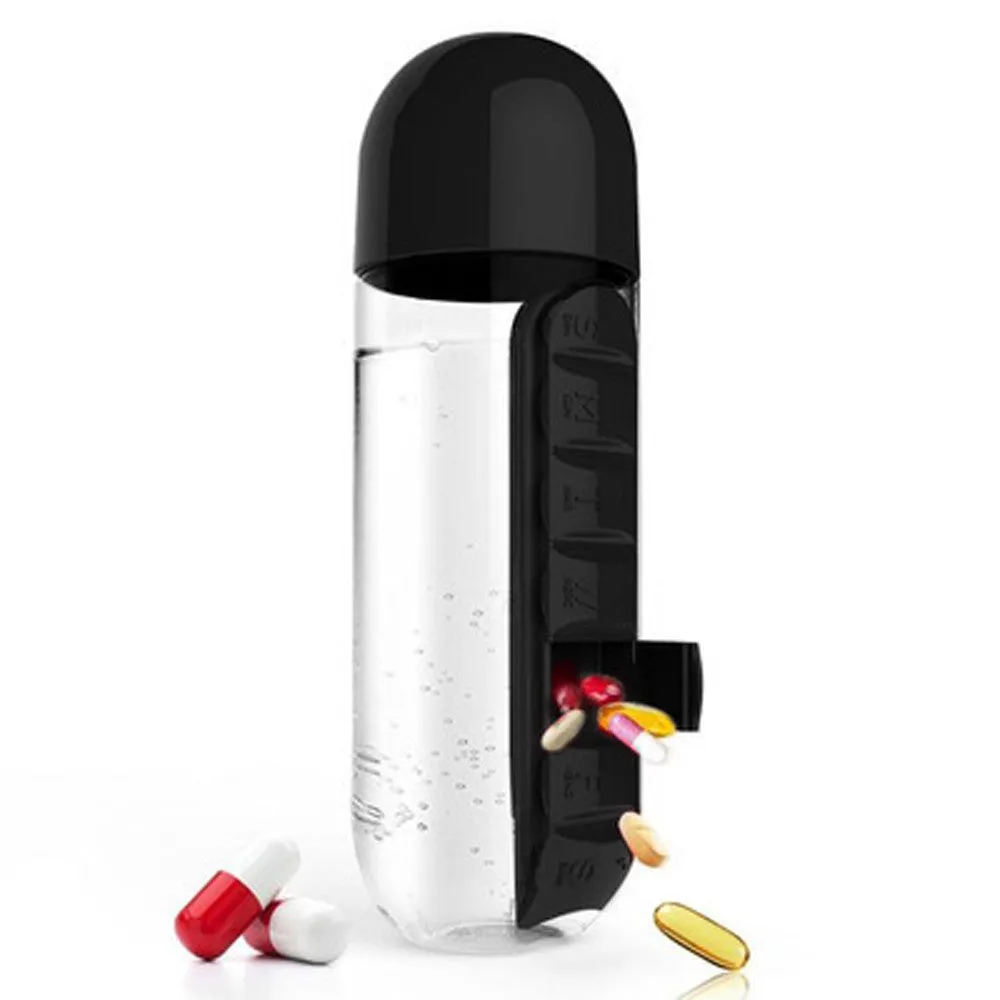 Multi-Function 600 ml Water Bottle with Built-in 7 Day Pill Organizer