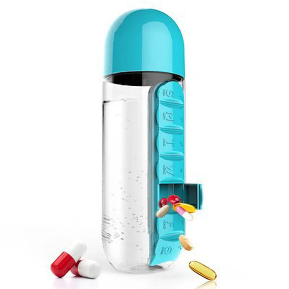 Multi-Function 600 ml Water Bottle with Built-in 7 Day Pill Organizer