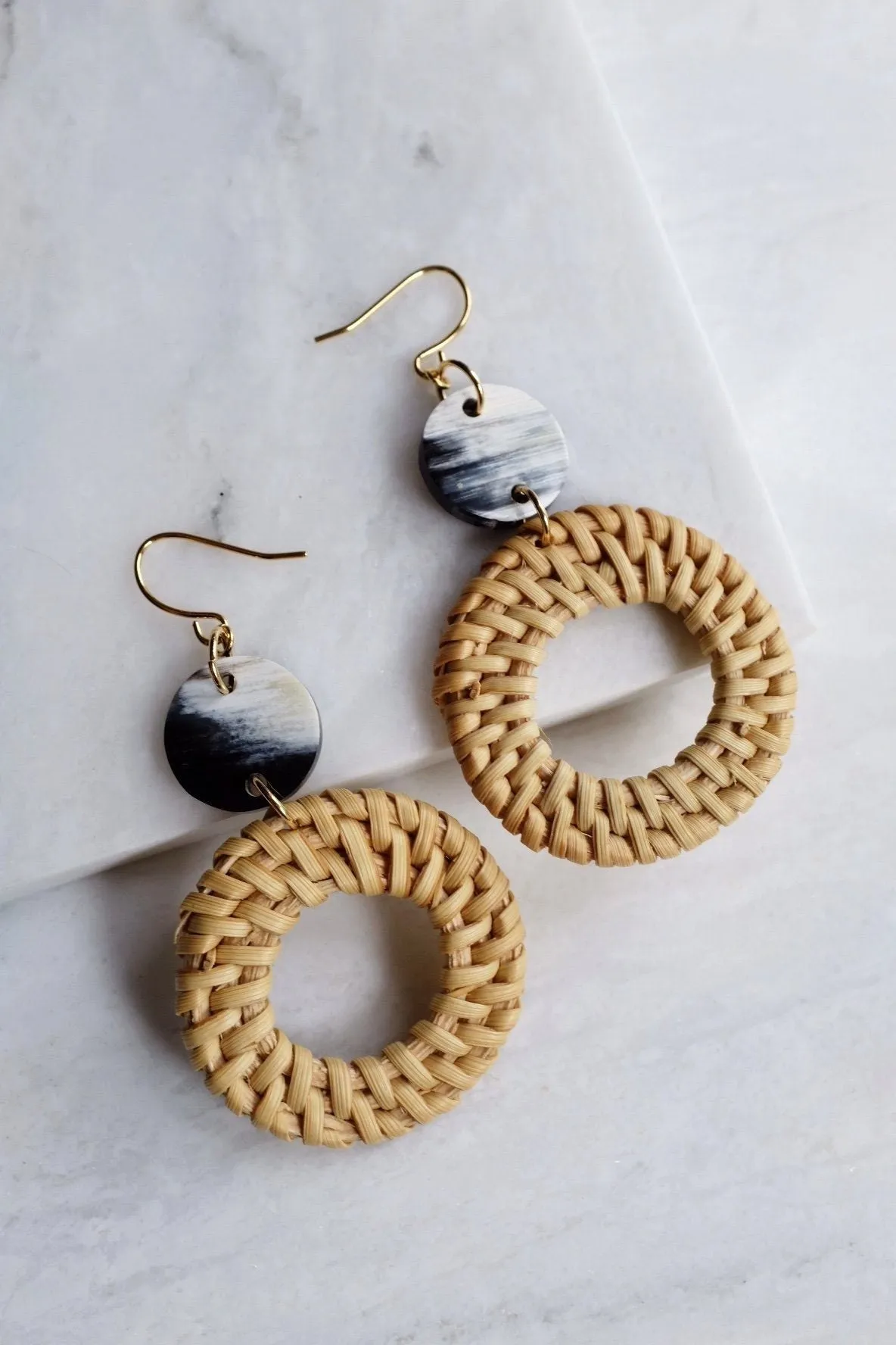 Nam Dinh 16K Gold Plated Natural Rattan (Straw/Wicker) & Black - White Flecks Buffalo Horns Earrings