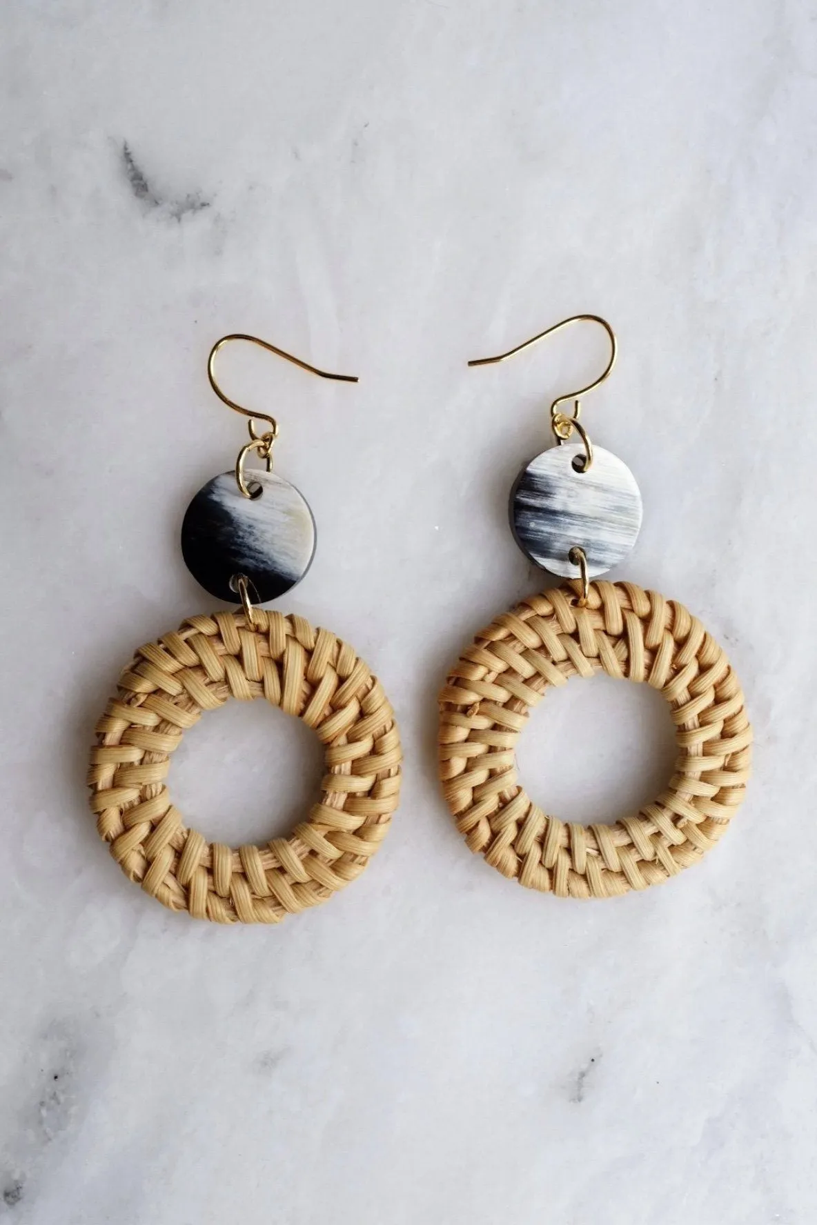 Nam Dinh 16K Gold Plated Natural Rattan (Straw/Wicker) & Black - White Flecks Buffalo Horns Earrings