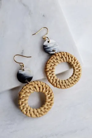 Nam Dinh 16K Gold Plated Natural Rattan (Straw/Wicker) & Black - White Flecks Buffalo Horns Earrings