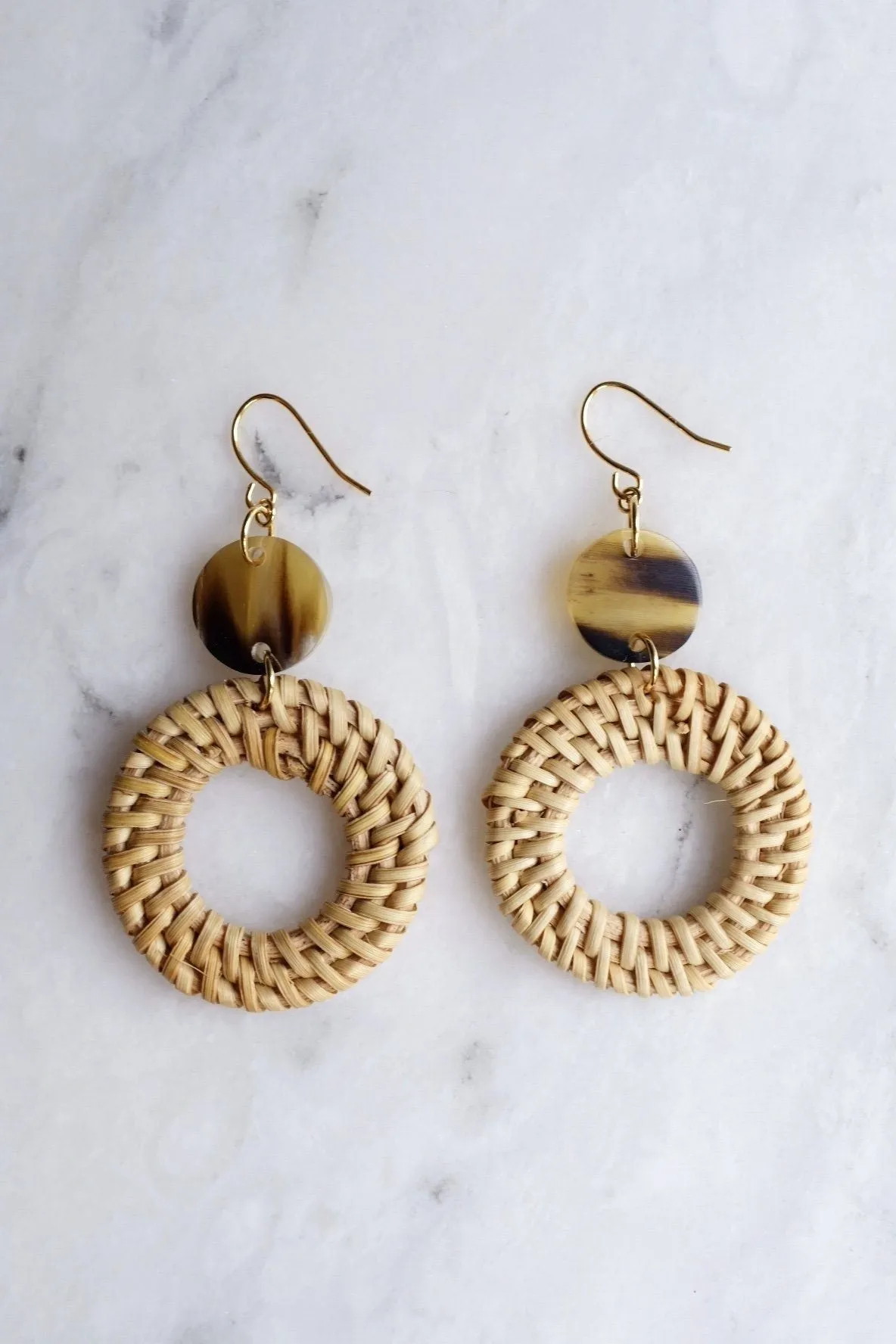 Nam Dinh 16K Gold Plated Natural Rattan (Straw/Wicker) & Brown Buffalo Horns Earrings
