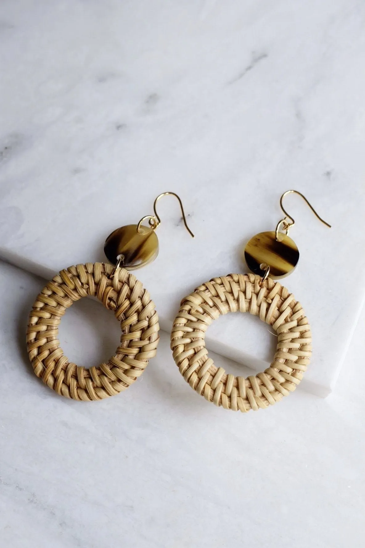 Nam Dinh 16K Gold Plated Natural Rattan (Straw/Wicker) & Brown Buffalo Horns Earrings