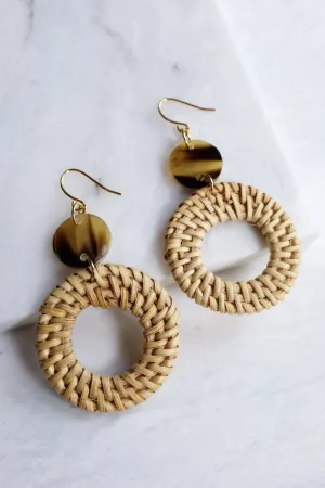 Nam Dinh 16K Gold Plated Natural Rattan (Straw/Wicker) & Brown Buffalo Horns Earrings