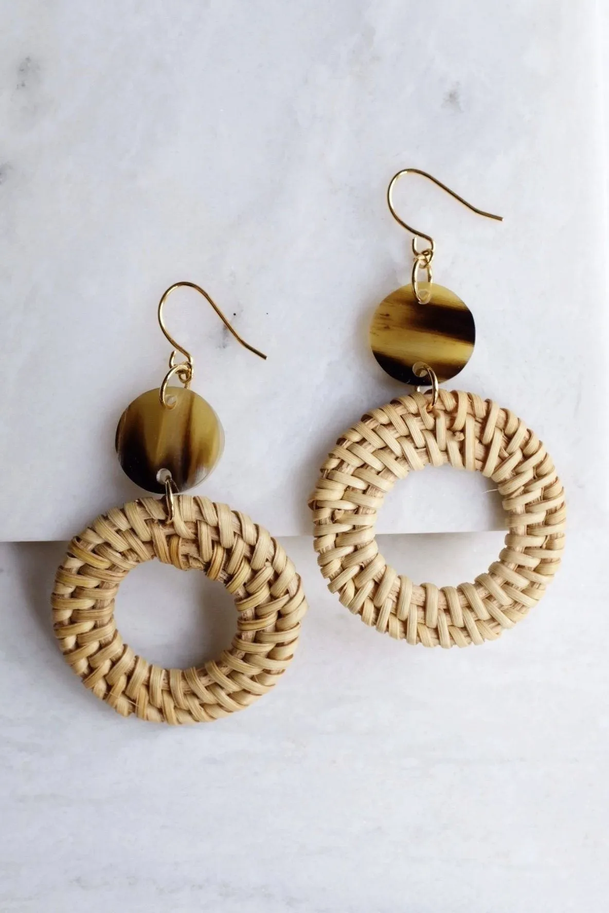 Nam Dinh 16K Gold Plated Natural Rattan (Straw/Wicker) & Brown Buffalo Horns Earrings